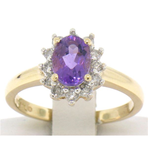 14k Yellow Gold 1.25 ctw Oval Amethyst Solitaire & 12 Round Diamond Halo Ring