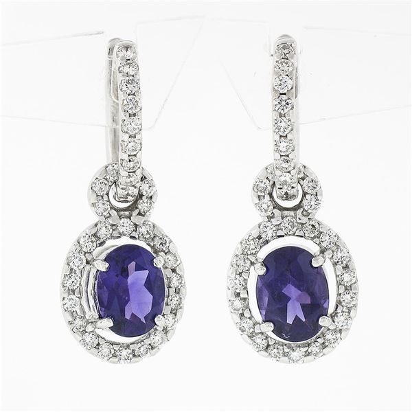 18k White Gold 3.80 ctw FINE Oval Cut Purple Amethyst Diamond Drop Dangle Earrin