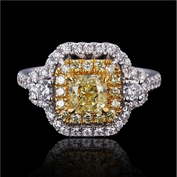 0.89 ctw SI2 CLARITY Fancy Yellow CENTER Diamond 18K White Gold Ring (1.73 ctw D