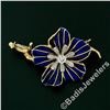 Image 2 : Vintage Italian 18k Gold Round Diamond Dark Blue Enamel Flower Branch Brooch Pin