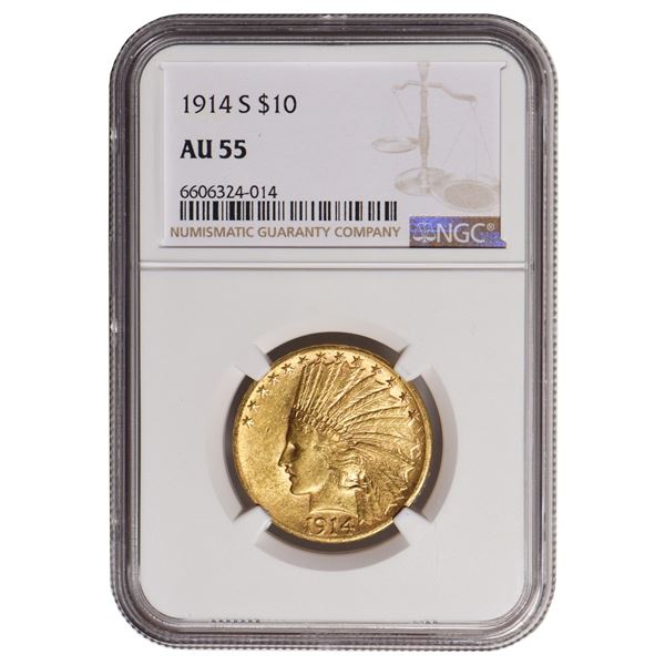 1914-S $10 Indian Head Eagle Gold Coin NGC AU55