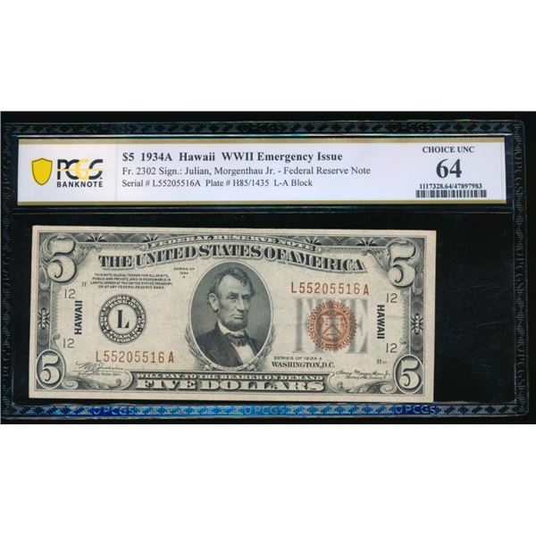 1934A $5 Hawaii FRN PCGS 64