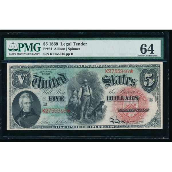 1869 $5 Legal Tender Note PMG 64