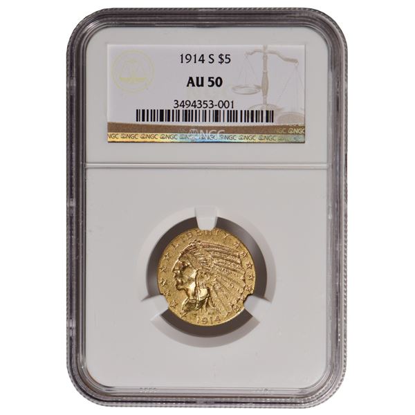 1914-S $5 Indian Head Half Eagle Gold Coin NGC AU50