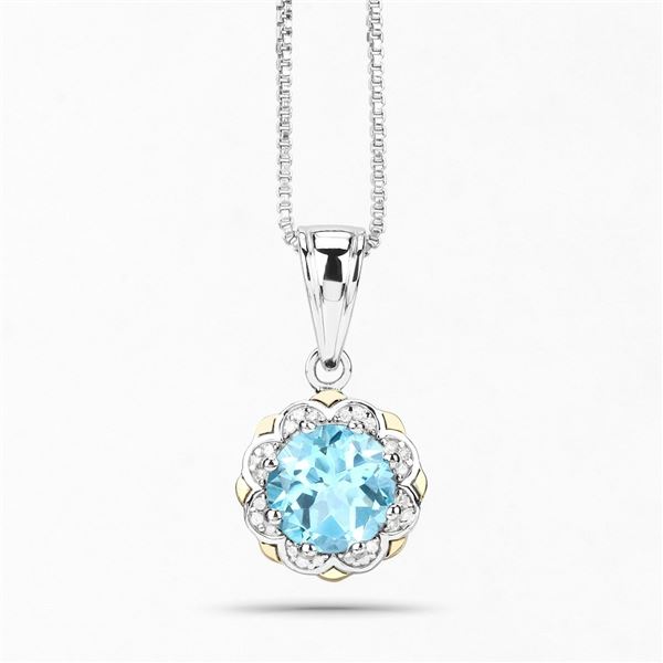 Plated Rhodium 2.25ct Blue Topaz and Diamond Pendant with Chain