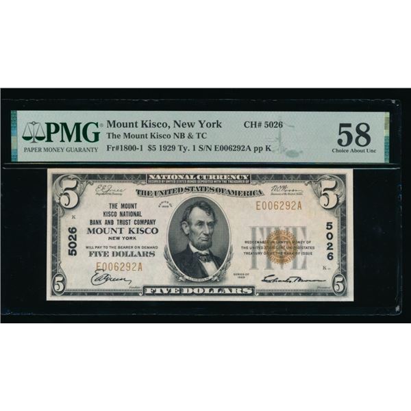 1929 $5 Mount Kisco NY National PMG 58