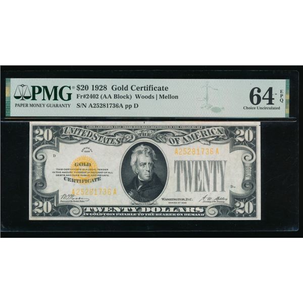 1928 $20 Gold Certificate PMG 64EPQ