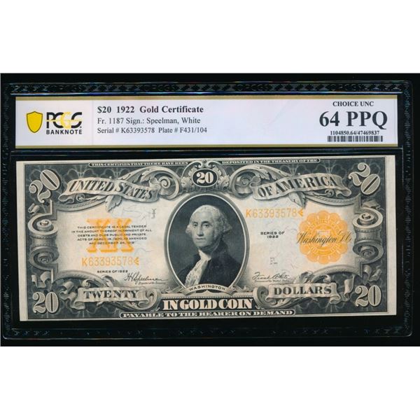 1922 $20 Gold Certificate PCGS 64PPQ