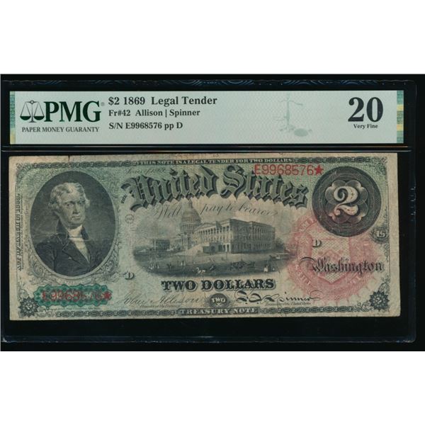 1869 $2 Legal Tender Note PMG 20