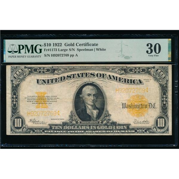 1922 $10 Gold Certificate PMG 30