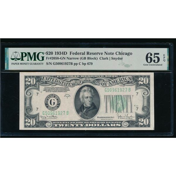 1934D $20 Chicago FRN PMG 65EPQ