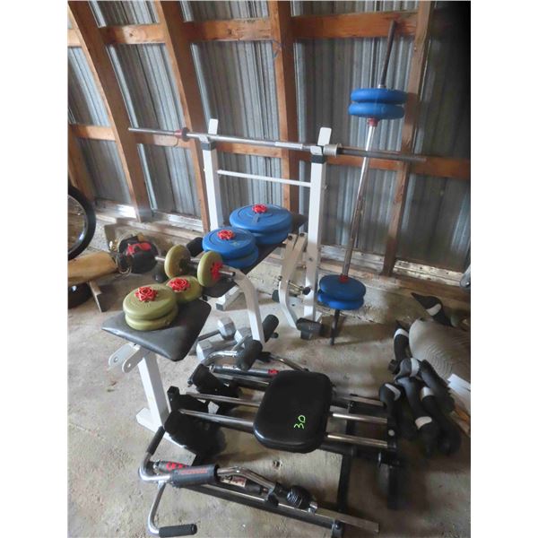 Weight Bench with Bar, York + Weider Plates, 25