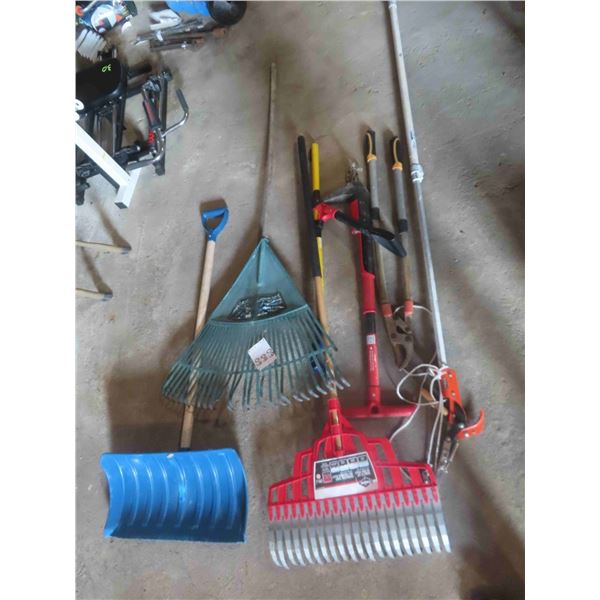 2 Rakes, Shovel, 8' Branch Cutter, Weed Puller