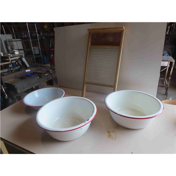 3 Enamel Basins, Wash Board 