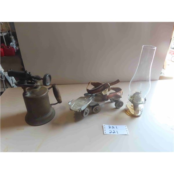 Vintage Roller Blades, Oil Lamp, Blow Torch