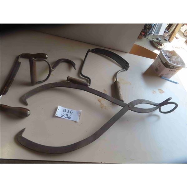 Draw Knife, 2 Hay Hooks, Hay Knife, Log Tongs