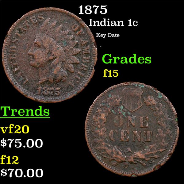 1875 Indian Cent 1c Grades f+