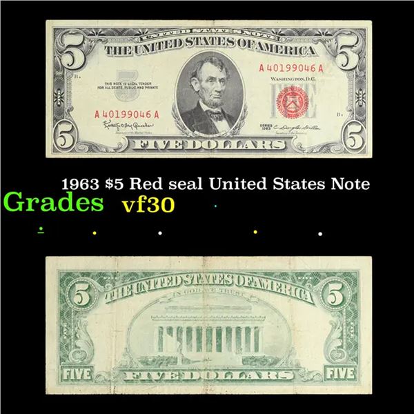 1963 $5 Red seal United States Note Grades vf++