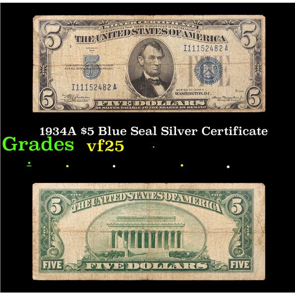 1934A $5 Blue Seal Silver Certificate Grades vf+