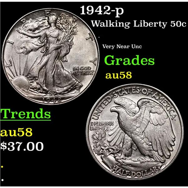 1942-p Walking Liberty Half Dollar 50c Grades Choice AU/BU Slider