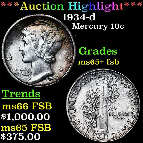***Auction Highlight*** 1934-d Mercury Dime 10c Graded GEM+ FSB BY USCG (fc)