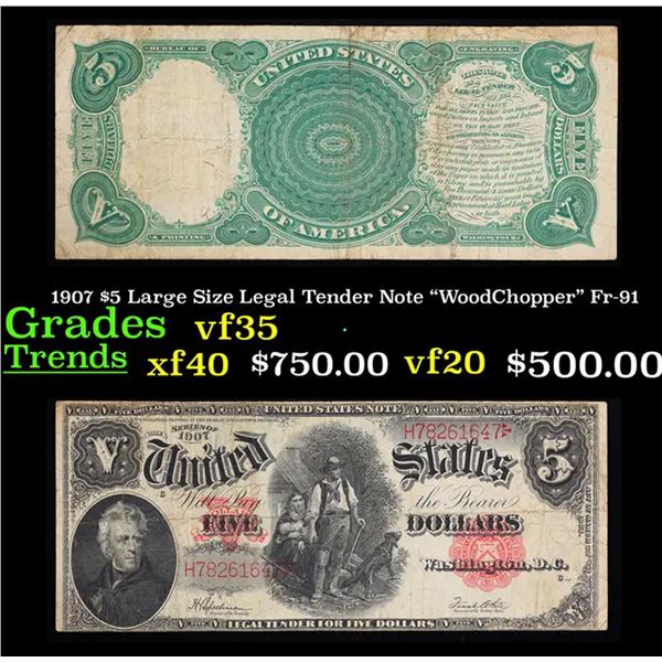 1907 $5 Large Size Legal Tender Note "WoodChopper" Fr-91 Grades vf++