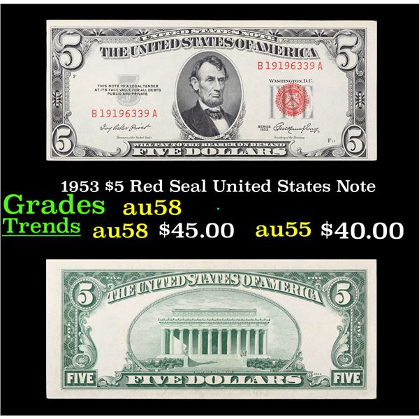 1953 $5 Red Seal United States Note Grades Choice AU/BU Slider