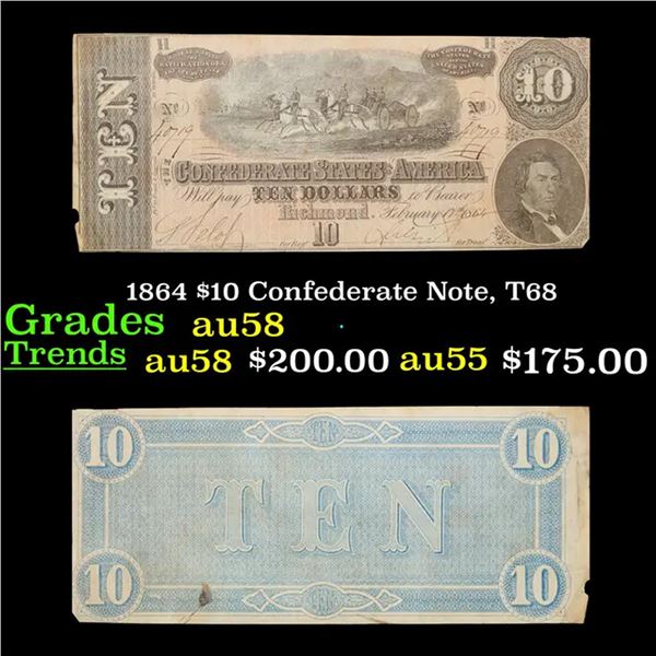 1864 $10 Confederate Note, T68 Grades Choice AU/BU Slider