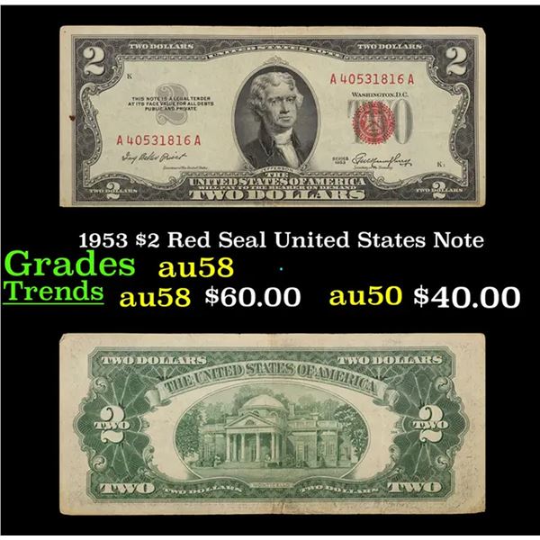 1953 $2 Red Seal United States Note Grades Choice AU/BU Slider