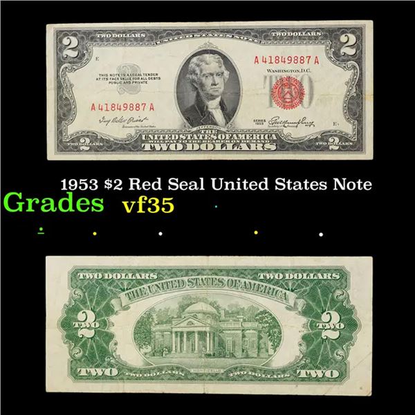 1953 $2 Red Seal United States Note Grades vf++