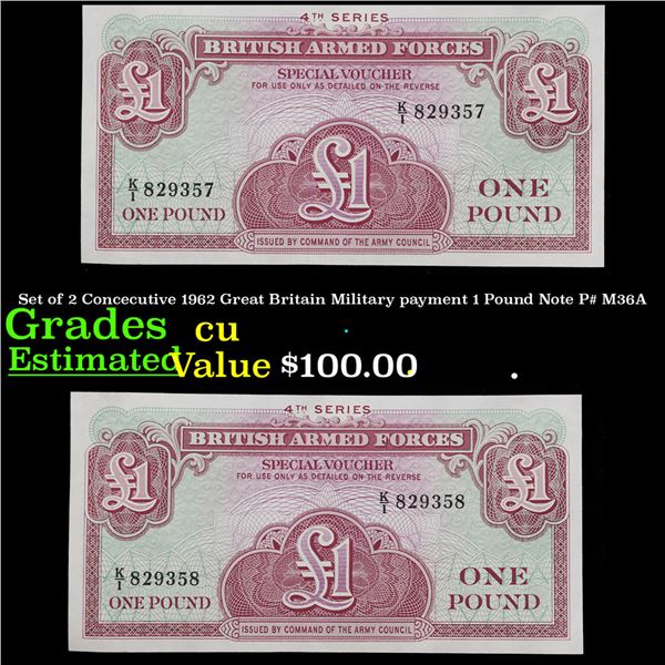 Set of 2 Concecutive 1962 Great Britain Military payment 1 Pound Note P# M36A Grades CU