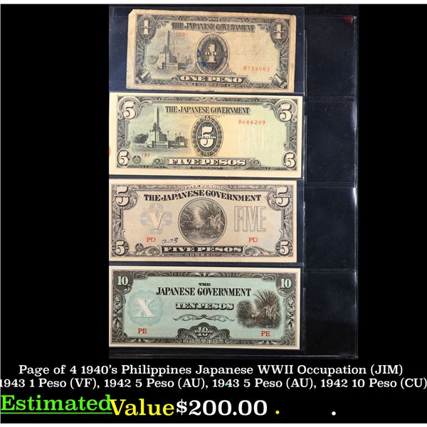 Page of 4 1940's Philippines Japanese WWII Occupation (JIM) 1943 1 Peso (VF), 1942 5 Peso (AU), 1943