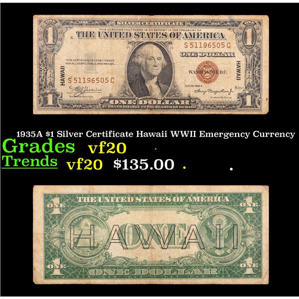 1935A $1 Hawaii Silver Certificate WWII Emergency Currency Grades vf, very fine