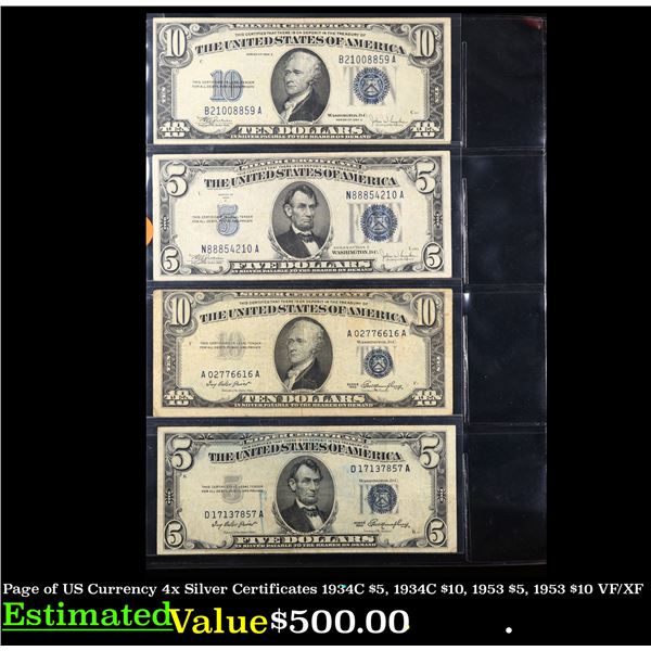 Page of US Currency 4x Silver Certificates 1934C $5, 1934C $10, 1953 $5, 1953 $10 VF/XF