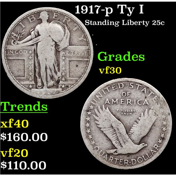 1917-p Ty I Standing Liberty Quarter 25c Grades vf++