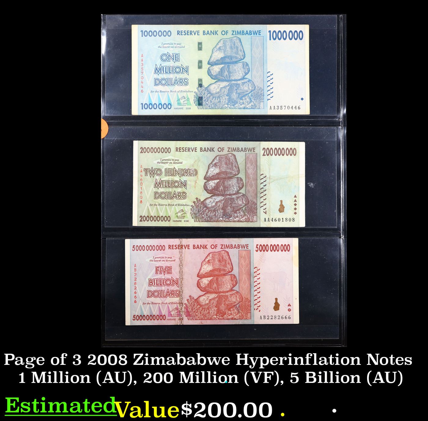 Zimababwe Note Page of 3 2008 Zimababwe Hyperinflation Notes 1 Million (AU), 200 ...