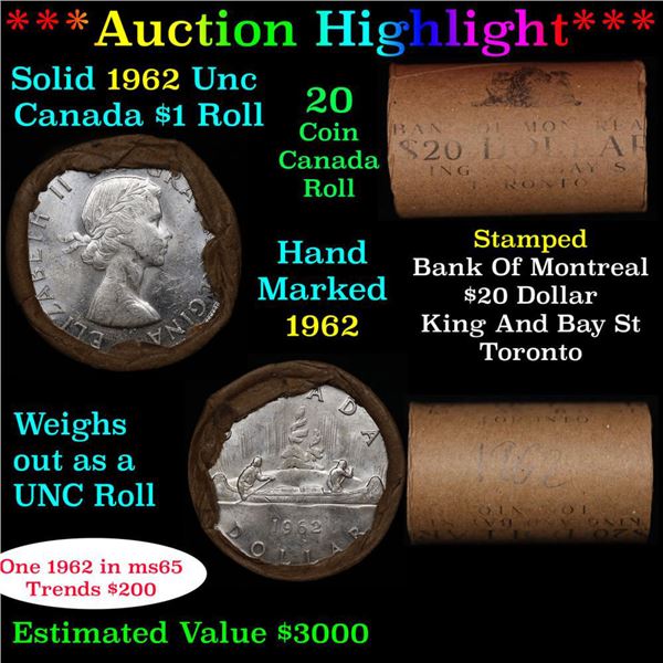 ***Auction Highlight*** Full Roll of Silver 1962 Canadian Dollar with Queen Elizabeth II, 20 Coins i