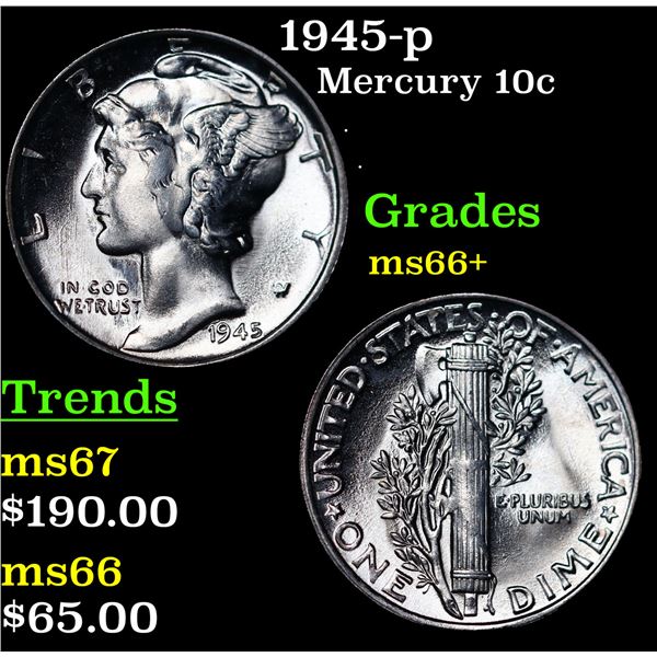 1945-p Mercury Dime 10c Grades GEM++ Unc