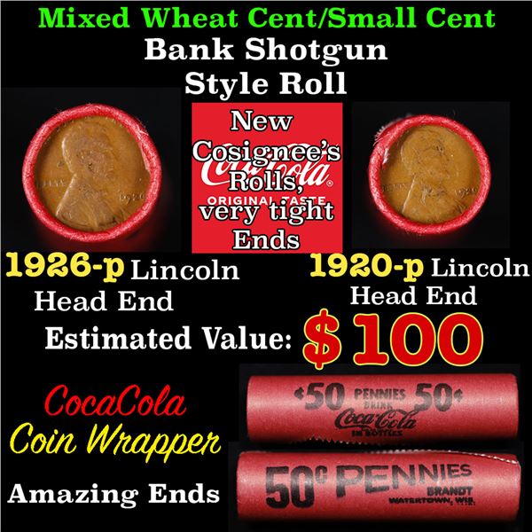 Mixed small cents 1c orig shotgun roll, 1926-p Lincoln Cent, 1920-p Lincoln Cent other end, Coca Col