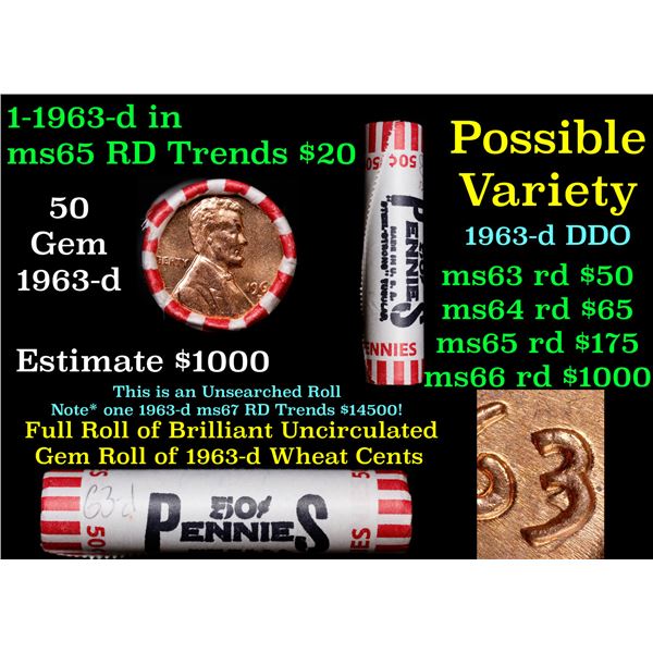 BU Shotgun Lincoln 1c roll, 1963-d 50 pcs Steel-Strong Wrapper DDO Variety Possible
