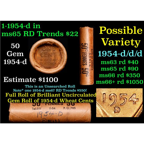 Rare BU Shotgun Lincoln 1c roll, 1954-d 50 pcs Original Bank OF America N.T & S.A 50c Pennies Wrappe