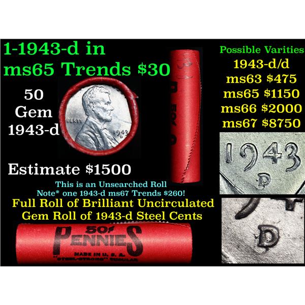 ***Auction Highlight*** Ultra RARE BU Shotgun Lincoln 1c roll, 1943-d Steel Cents 50 pcs Steel-Stron