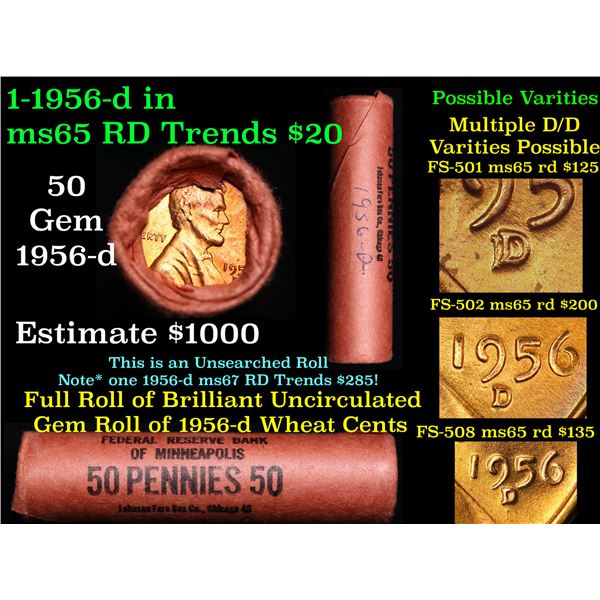 Rare BU Shotgun Lincoln 1c roll, 1956-d 50 pcs Original Federal Reserve Bank of Minneapolis, MN Wrap