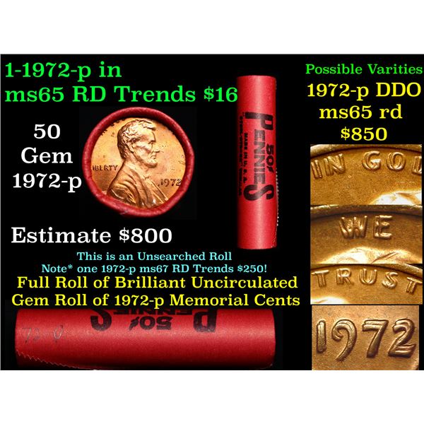 BU Shotgun Lincoln 1c roll, 1972-p 50 pcs Steel-Strong Wrapper Many DDO Variety Possible