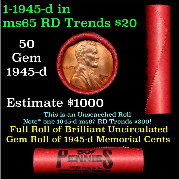 ***Auction Highlight*** Ultra Rare BU Shotgun Lincoln 1c roll, 1945-d 50 pcs Steel-Strong Wrapper 50
