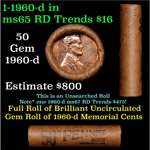 BU Shotgun Lincoln 1c roll, 1960-d 50 pcs Brandt Wrapper 50c