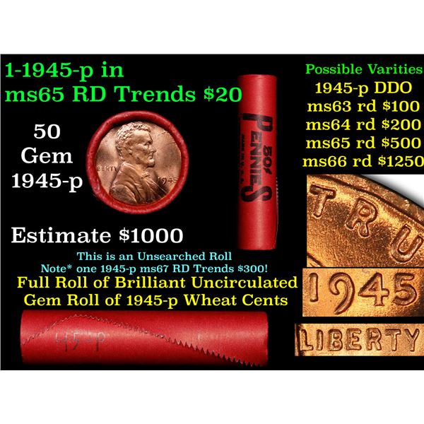 ***Auction Highlight*** Ultra Rare BU Shotgun Lincoln 1c roll, 1945-p 50 pcs Steel-Strong Wrapper DD