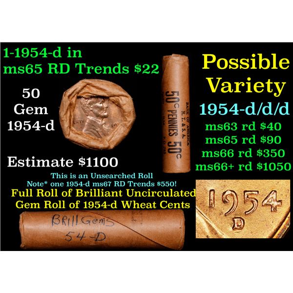 Rare BU Shotgun Lincoln 1c roll, 1954-d 50 pcs Original Bank OF America N.T & S.A 50c Pennies Wrappe