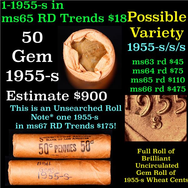 Rare BU Shotgun Lincoln 1c roll, 1955-s 50 pcs Original Security First National Bank Of LA S/S/S Var