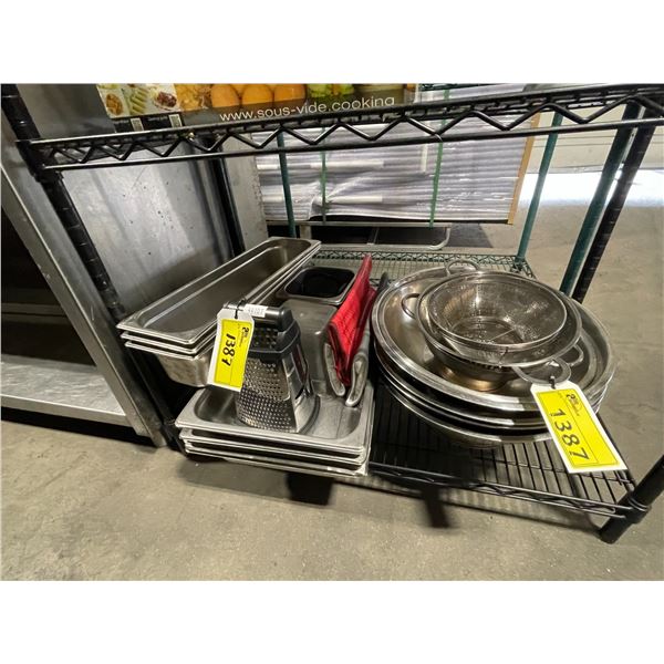 LARGE COMMERCIAL ASSORTED STAINLESS STEEL BOWLS, VARIOUS SIZE COLANDERS, ASSORTED STAINLESS